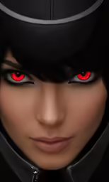 a woman with red eyes in a helmet