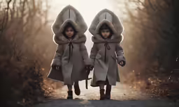 two little girls in coats walking down the road