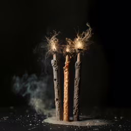 three small firework sticks with smoke in them on a dark surface