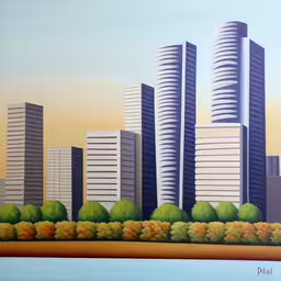 a painting of some tall buildings near water,a painting of some city in the middle of water