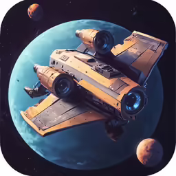 an illustrated scene shows a space station next to planets