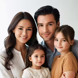 a family poses for a portrait at home