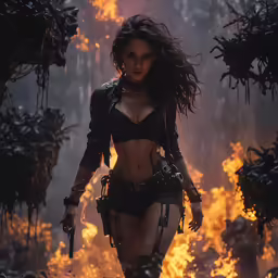 a beautiful woman in lingerie standing in front of some fire