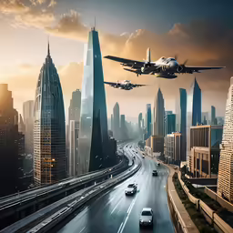 an airplane in flight above the city skyline