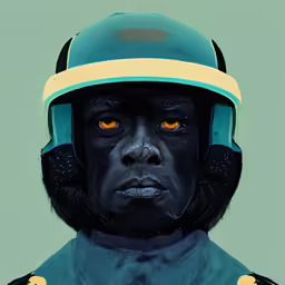 a stylized painting shows a soldier in uniform and wearing a blue helmet