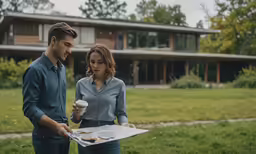 two people standing on grass looking at a open map