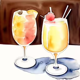 two drinks next to each other on a table,watercolor painting of two alcoholic drinks with straws