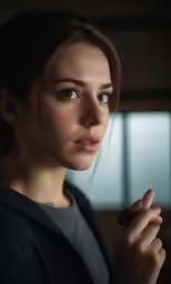 a woman holding something in her hand and looking off to the side