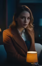 a woman sitting at a table with a lamp on her desk
