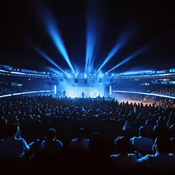 a crowd is watching as an illuminated stage is performing