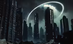 some tall buildings with lightning above them