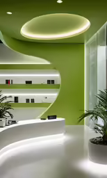 an indoor area with a bright green wall and lighting