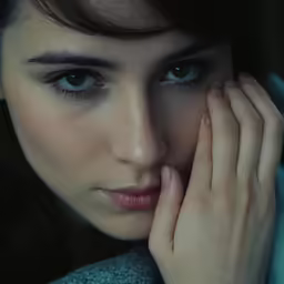 a young woman looks ahead with her hand on the face