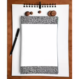 note pad with brown wood post, two circles of black dots and two black pens on it