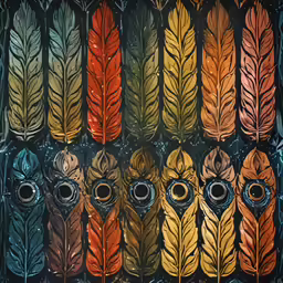 an abstract painting of a collection of different colored feathers