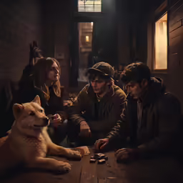 people are sitting at a table with a dog
