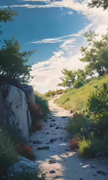 a stone wall on the side of a dirt road