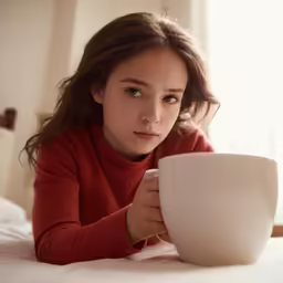 a girl in red shirt looking at cup