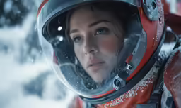 a woman in a snow suit wearing a helmet