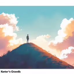 the person stands atop the small hill in front of a cloudy sky