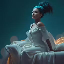 woman in white gown sitting on bed with green hair