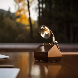 a desk top with a lamp on it