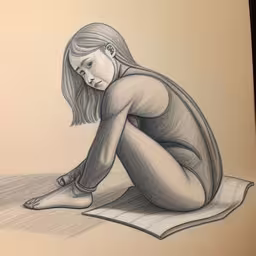 a drawing of a young woman sitting on a sheet of paper,a drawing of a girl with long hair sitting on a sheet