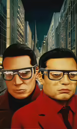 two men wearing glasses are standing in the street