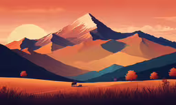a painting of a sunset with a mountain range in the background,a painting of the mountains with a person on a horse in the foreground