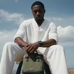a man sitting on a chair and holding a green purse