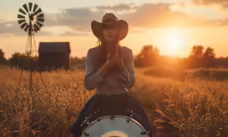 a woman holding a drum in the middle of a field at sunset