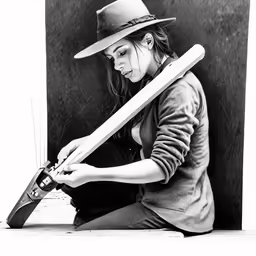 a woman with a top hat and a large knife
