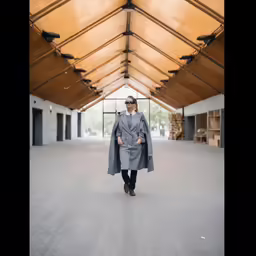 a woman walking down an air filled building