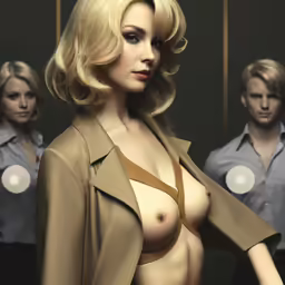 a woman wearing nude clothes in front of some other males