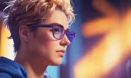 a female in glasses stares into the distance,woman with blonde hair and blue glasses looking to the side