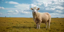 a white sheep is looking at the camera