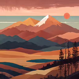 a mountain range has a bright sunset at the base,a painting of some mountains near the sun