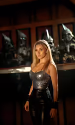 a woman wearing latex poses in front of a group of iron people