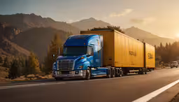 a blue truck driving down the road during a sunset,a semi truck drives on the highway during sunset