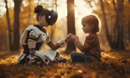 two small children play together in the woods