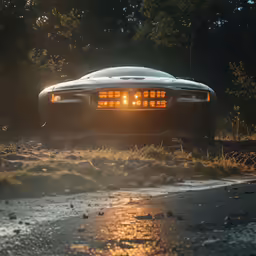 a silver sports car driving down a road with headlights on