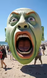 a large green monster face with a persons face in the background