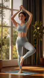 the girl is practicing yoga poses by herself