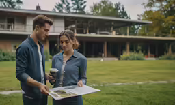 two people are talking and looking at an object