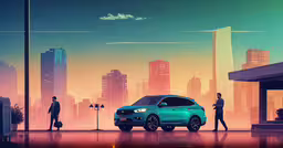 a blue and green car parked in front of a tall city,an animated scene of two people in the city