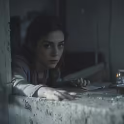 a girl sitting at a table holding a knife