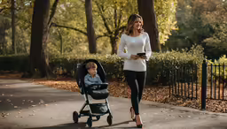 a young woman holding an umbrella walks down a path with her baby