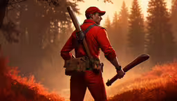 an old - fashioned painting of a hunter with a rifle in his hands and a baseball bat in hand,a man in a red uniform holding a baseball bat