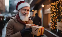 an older man in santa hat with christmas presents on a city street