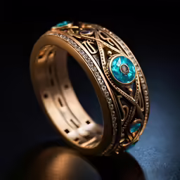 gold ring with a blue topazte center surrounded by fancy diamonds